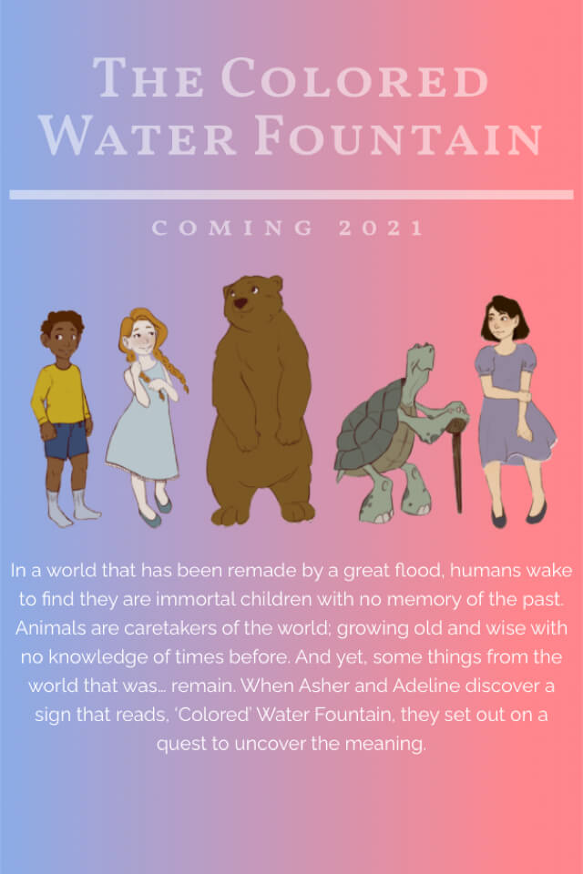 Book- The Colored Water Fountain. Cover with black boy, white girl, bear, turtle and older whit women.