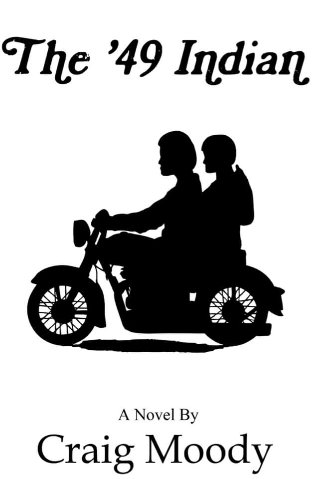 Book- The '49 Indian. Cover with shadow of two people riding a motor cycle.